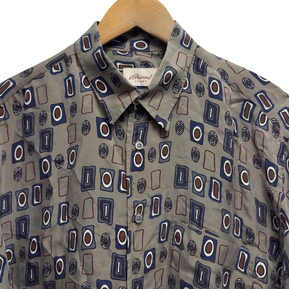 Brioni Sport Men's Size Large Gray Geometric Button Front Rayon L/S Shirt Italy